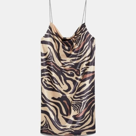Zara Tiger Animal Print Cowl Neck Satin Slip Mini Dress Size Medium Brown Tan - Picture 9 of 16
